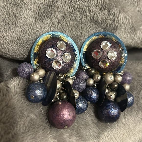 Vintage IKARAMI Denim Hues & Crystals Earrings-Boutique - Picture 5 of 8